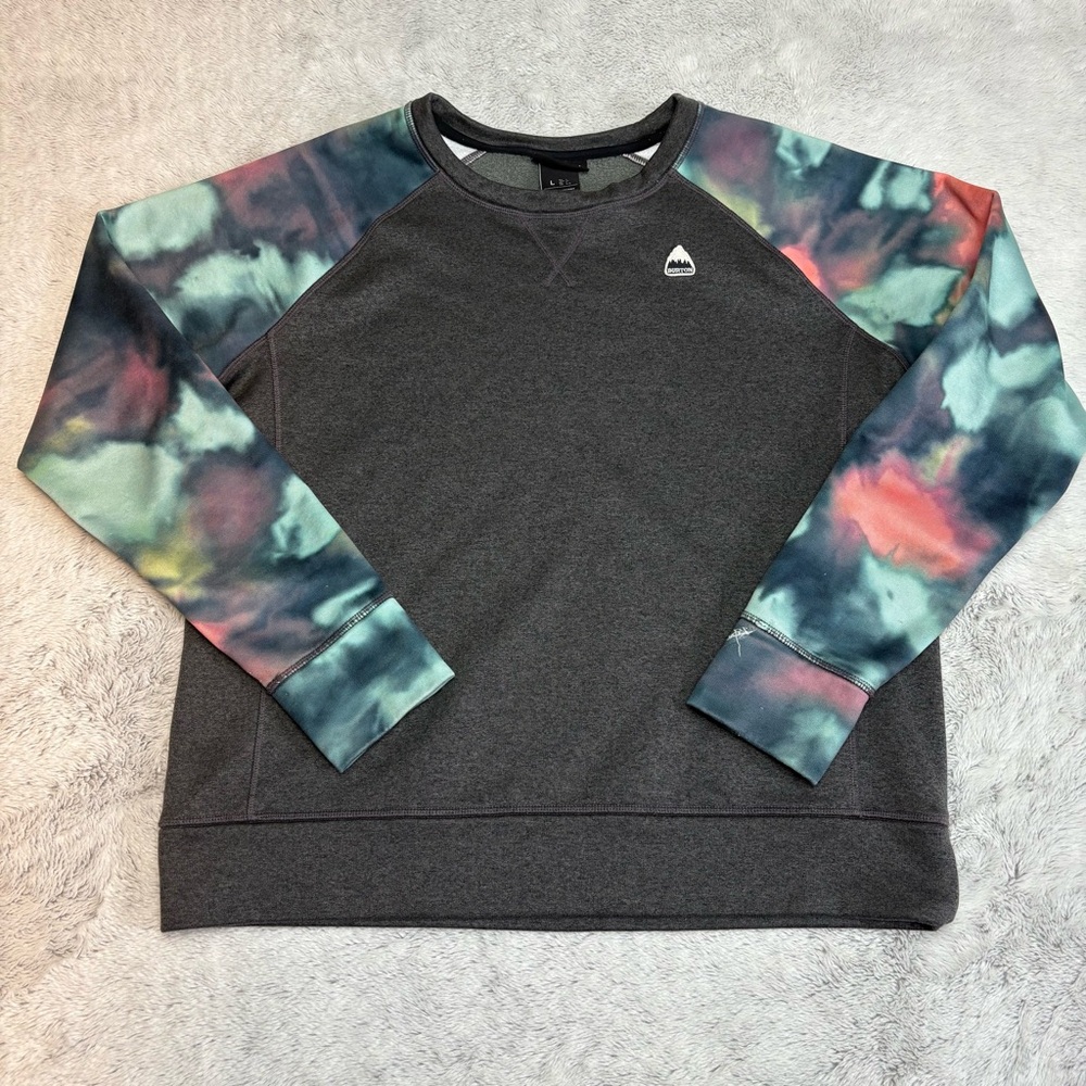 Women's Charcoal Pullover Sweatshirt with Tie-Dye Sleeve Accents